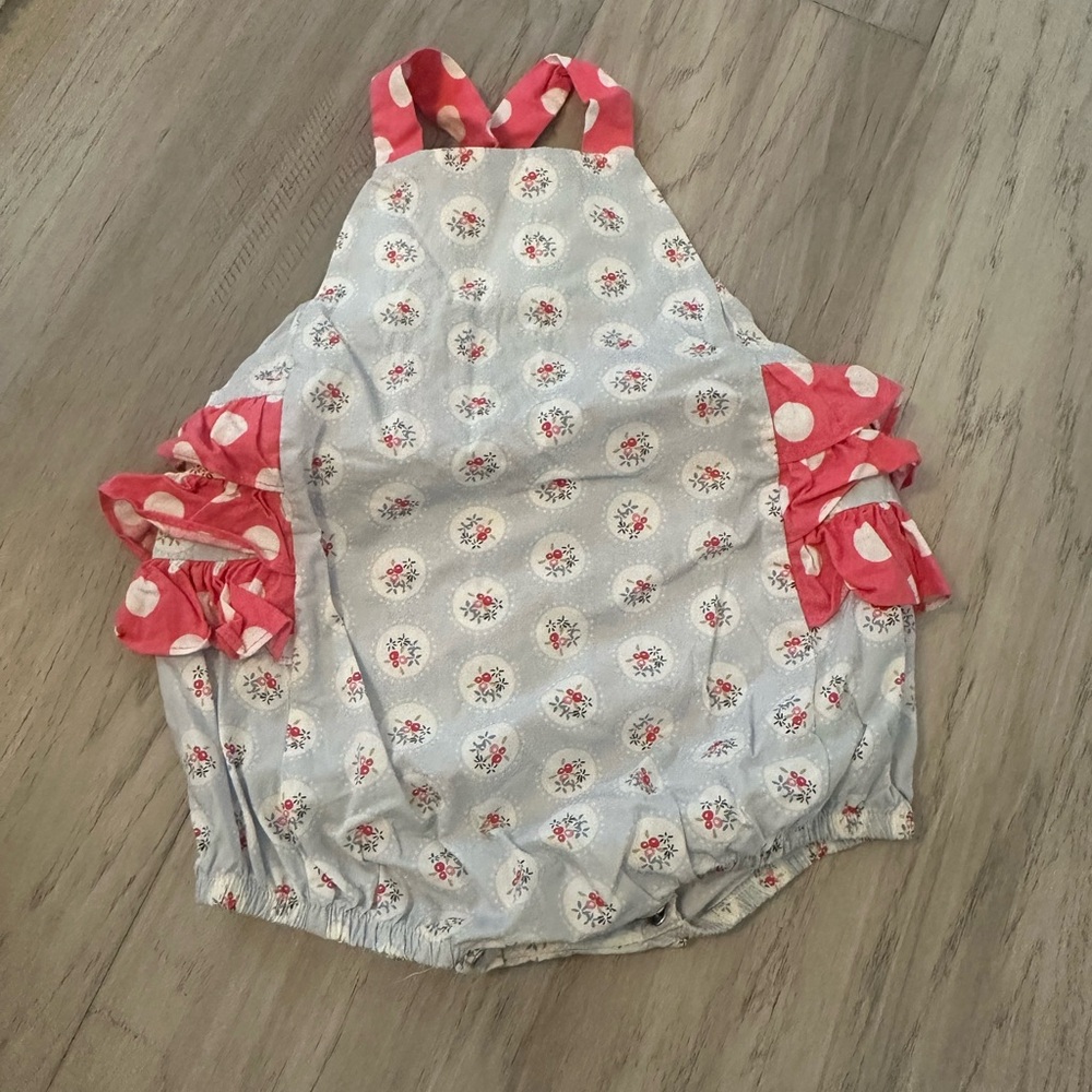 Ricrac and Ruffles Floral Baby Romper with Polka Dot Accents